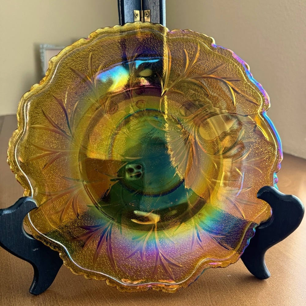 Carnival Glass Dish in Marigold with Leaf (Tree of Life) Design by Imperial